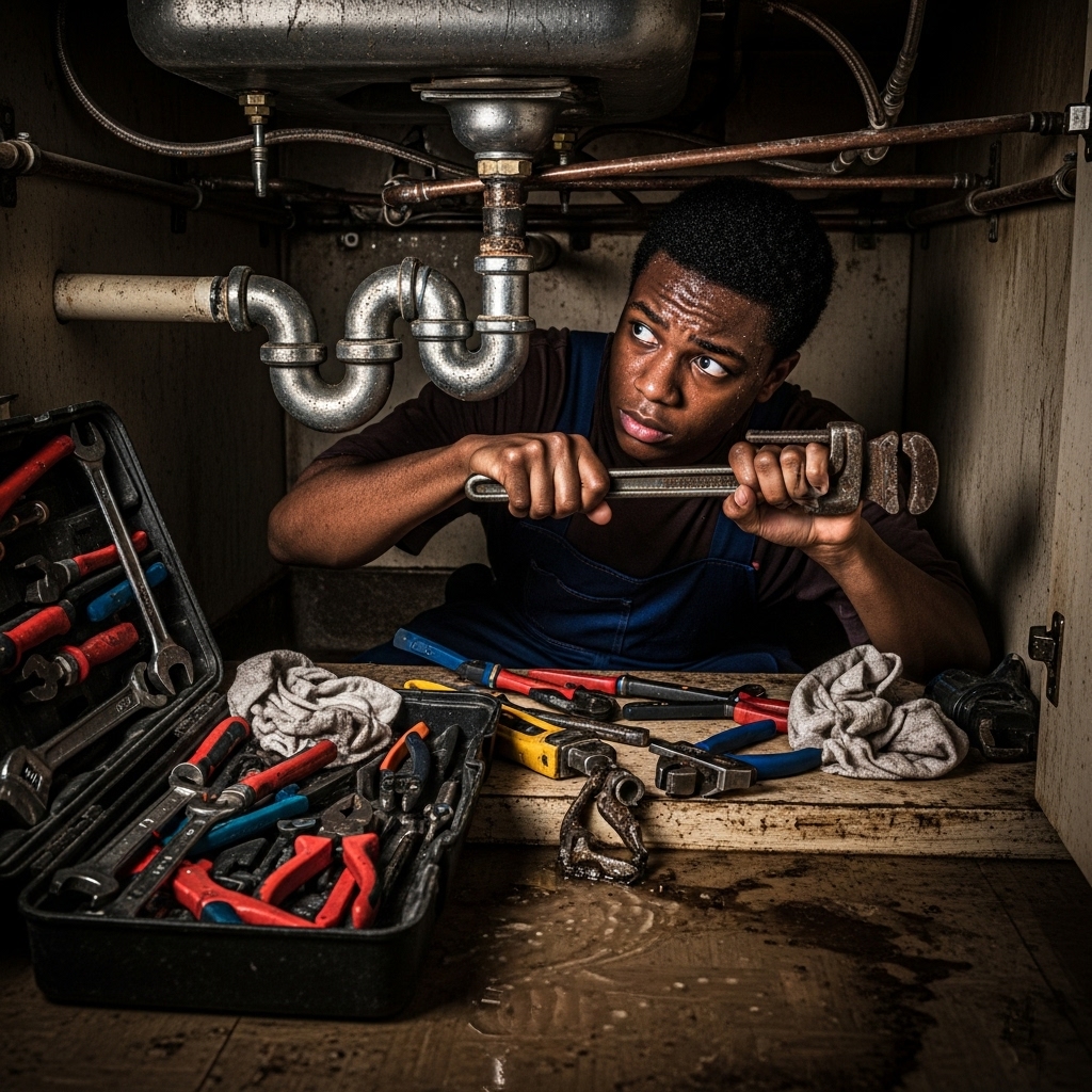 Plumber replacing old pipes with new ones in a commercial property.